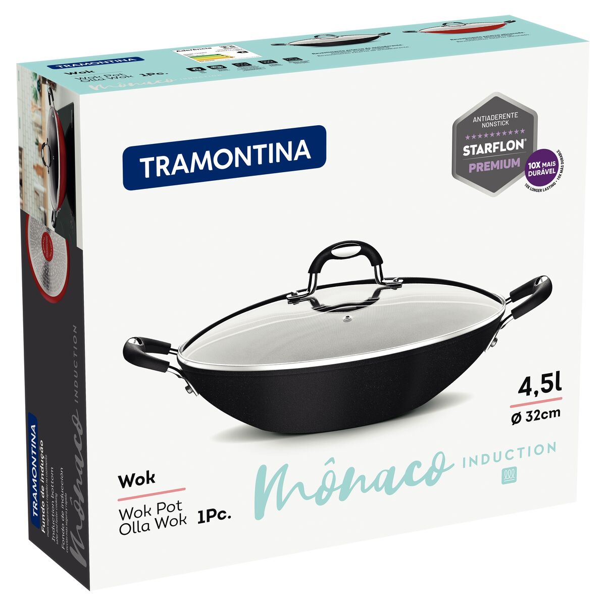 Wok con Tapa Tramontina Mônaco Antiadherente Starflon Premium Negro- 32cm - Image 4